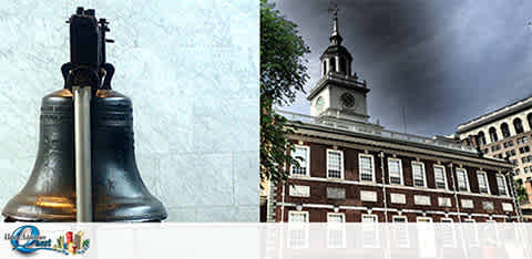 Image of the Liberty Bell with its distinctive crack on the left, and Independence Hall under a stormy sky on the right. The photo is split down the middle, juxtaposing historical landmarks of Philadelphia. The image includes a watermark of Great Work Perks at the bottom.