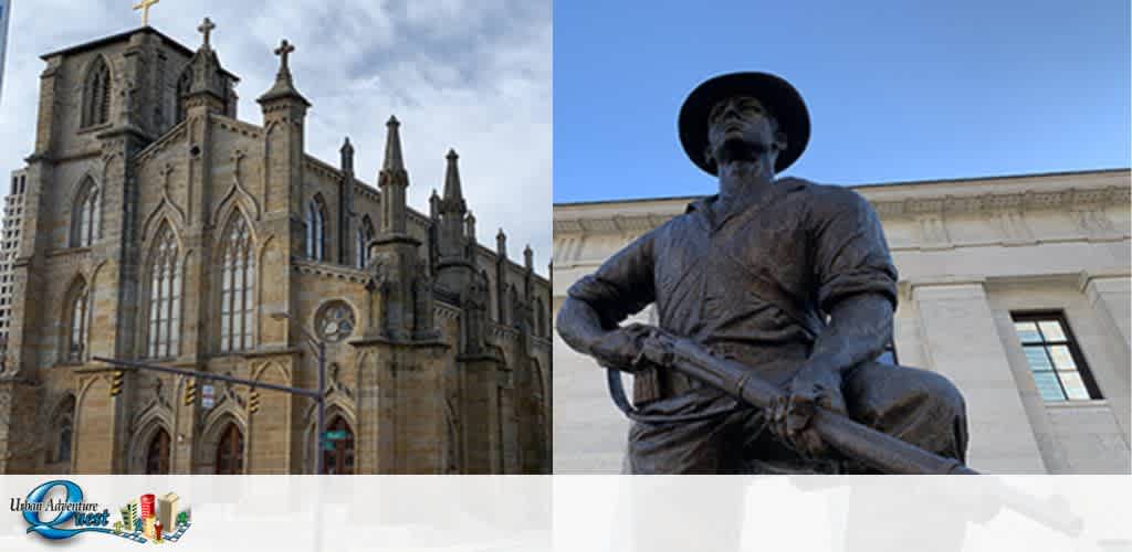 The image is split in half, with the left side featuring a gothic style church with pointed arches and intricate details under a blue sky. The right side shows a statue of a person standing with a tool, looking forward, against the backdrop of a building with a clear blue sky above.