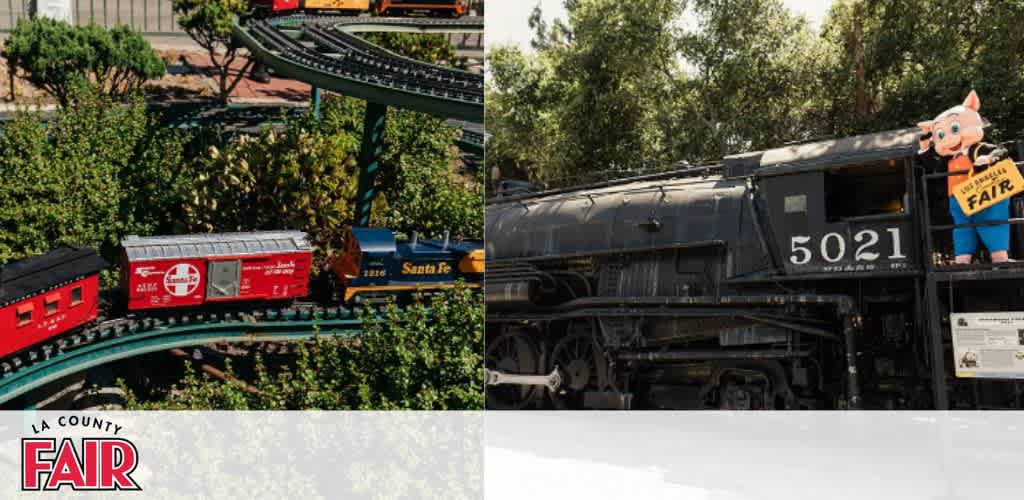 This is a horizontally oriented image divided into two distinct halves, giving a glimpse of railway attractions at a fair. On the left side is a model train display with a miniature green bridge under which runs a multicolored model train set among a backdrop of green shrubs and plants. Visible cars include a red car with "Southern Pacific" written in white, and ahead of it, a yellow locomotive with "Santa Fe" in red. To the right, there's a significant contrast with a life-sized, historical black steam locomotive numbered 5021 on its side, occupying the foreground. The majestic train, exhibiting an intricate array of wheels and mechanical parts, is parked and displays a bold expression of engineering from a past era. Perched atop the train is a cheerful anthropomorphic pig character in a blue outfit, waving and holding a sign that says "FAIR" in yellow letters, suggesting a festive or promotional event.

In this dynamic setting, FunEx.com is excited to offer you the chance to experience these railways with the promise of the lowest prices and greatest savings on your tickets!