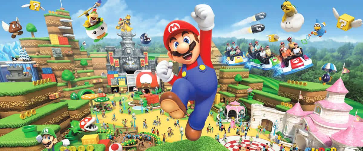 Image features a vibrant and colorful theme park setting inspired by the Mario video game series. In the foreground, a cheerful Mario leaps with a fist raised. Various iconic characters and elements like Luigi, Yoshi, Bowser, and Toad appear amidst attractions such as a rollercoaster, a water ride, and themed structures resembling the game's levels. The park is bustling with visitors enjoying the lively atmosphere.