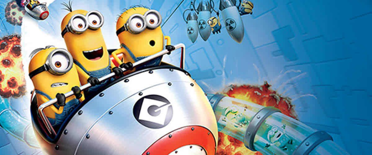 Image features three animated yellow characters with goggled eyes, riding a silver rocket. They appear thrilled, against a blue backdrop with an explosion. The rocket has a logo with a letter G. There are also flying robotic arms and a car in the scene.