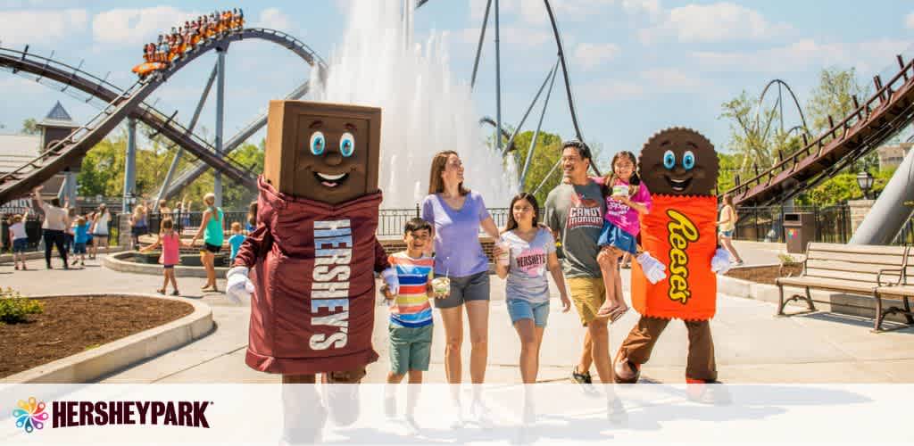 A joyful group walks through Hersheypark on a sunny day, accompanied by two life-size, walking Hershey's chocolate and Reese's characters. In the background, a roller coaster loop and water fountain add to the amusement park atmosphere. The Hersheypark logo is displayed at the bottom.