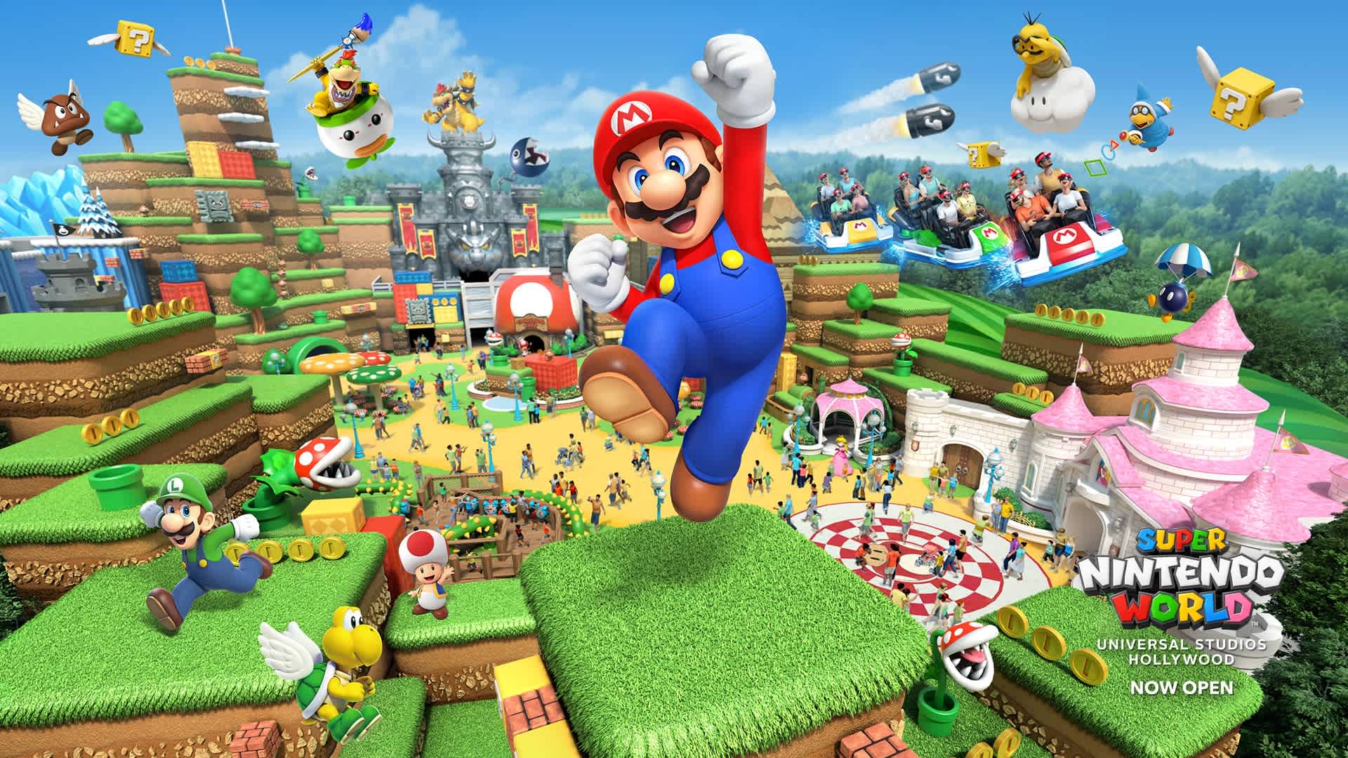 Image features a vibrant and colorful theme park setting inspired by the Mario video game series. In the foreground, a cheerful Mario leaps with a fist raised. Various iconic characters and elements like Luigi, Yoshi, Bowser, and Toad appear amidst attractions such as a rollercoaster, a water ride, and themed structures resembling the game's levels. The park is bustling with visitors enjoying the lively atmosphere.