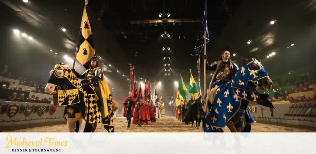 The image displays a Medieval Times dinner and tournament event. Featured are knights in colorful traditional armor on horseback, each sporting distinct banners with heraldic symbols. The arena is dimly lit with spotlights highlighting the participants, while an excited audience watches from the sidelines. The setting evokes a sense of historical reenactment and festive competition.