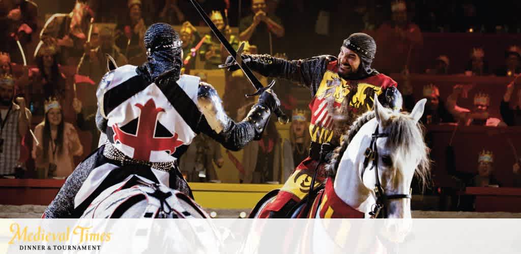 Image depicts a dynamic scene from Medieval Times Dinner & Tournament. Two knights clad in traditional armor are jousting on horseback. The knight on the left wears a white and red outfit with a cross, while the other is in black and yellow stripes. A captivated audience in the background watches the action unfold.