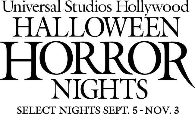 Image displaying text promoting Universal Studios Hollywood event titled Halloween Horror Nights, scheduled for select nights from September 5 to November 3. Text style is bold and evokes a spooky atmosphere typical for Halloween events.