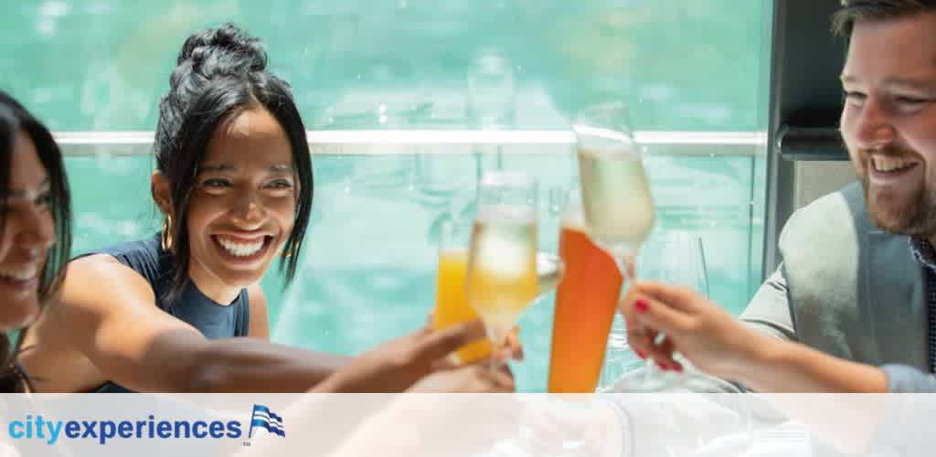 Image displays three cheerful individuals toasting with drinks aboard a boat, with a clear view of the water in the background. The logo for City Experiences is visible in the corner.