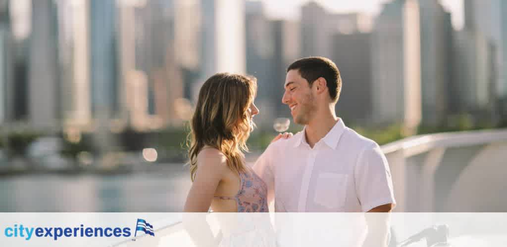 A man and woman are engaged in a joyful gaze, standing before a blurred backdrop of a city skyline. The woman is to the left with hair cascading down her shoulder, and the man on the right wears a white shirt, facing her with a smile. The bottom right corner features the logo 'cityexperiences' with a stylized wave emblem.