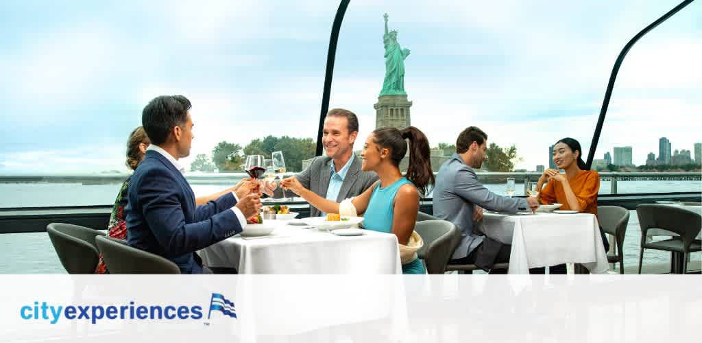 A group of people enjoys a meal on a boat with clear views of the Statue of Liberty. Two are toasting with wine glasses while others chat amidst a casual dining setup, with the city skyline in the distance. The 'cityexperiences' logo is visible.