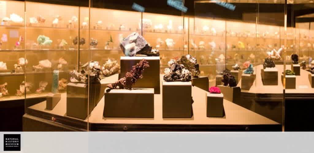 Image displays a mineral exhibit at a natural history museum. Several brightly colored mineral specimens of various shapes and sizes are mounted on individual stands within glass display cases. The backdrop features additional shelves with a multitude of similar mineral displays, creating a patterned, organized appearance. A small, clear sign identifies the museum on the lower left.