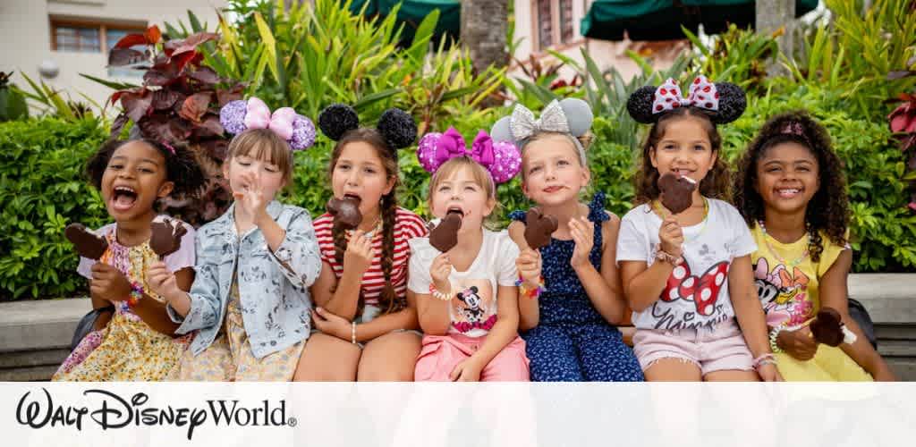 Children are sitting on a bench, enjoying ice cream bars shaped like Disney characters. They are wearing colorful clothes and Mickey Mouse ear headbands. Lush greenery is visible in the background, creating a lively and joyful atmosphere at the theme park.