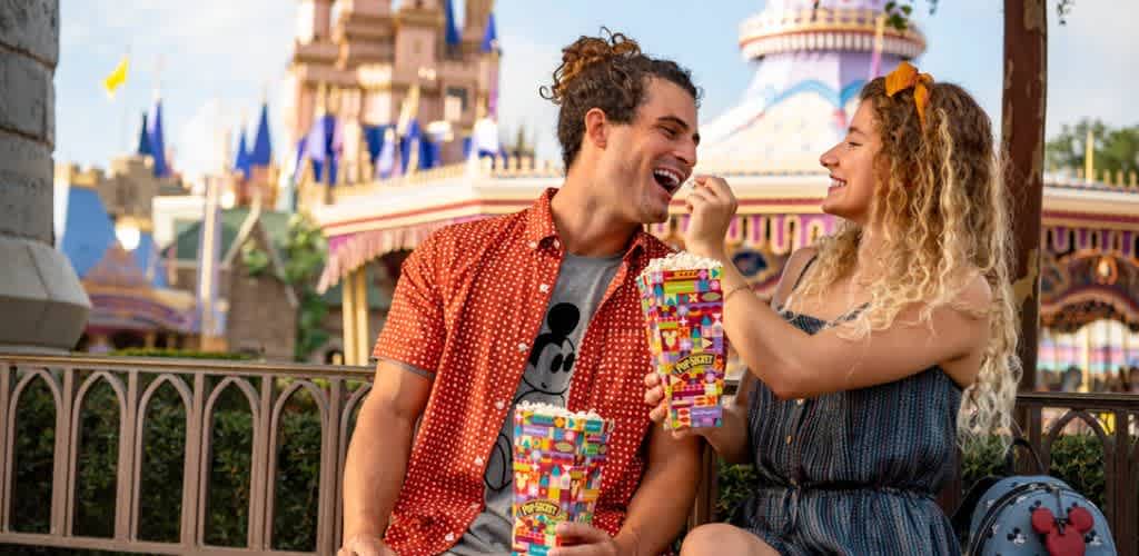 A happy couple sits on a bench at a theme park, sharing colorful popcorn. The man wears a red shirt with a cartoon character print, while the woman is in a blue dress with a headband. Both are smiling at each other with an amusement park castle and attractions in the background, creating a lively and joyful atmosphere.