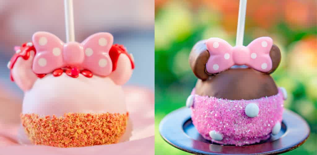 Two delightful candy apples are shown in this image. The apple on the left is coated in white chocolate with red accents and topped with a pink bow. The apple on the right is coated in milk chocolate with pink sugar, decorated with white polka dots, and topped with a similar pink bow. Both apples are on sticks and present a cute, whimsical design suitable for themed gatherings or treats.