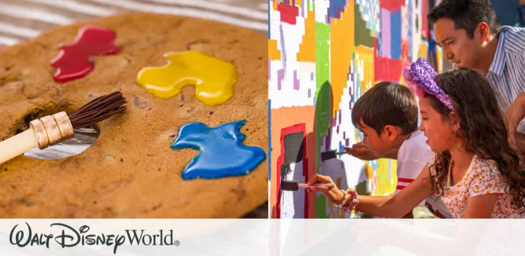 A close-up shows a cookie painted with colorful shapes: red, yellow, and blue, with a brush nearby. Next to it, a family enjoys a vibrant mural, with children painting squares. The scene is full of creativity and fun, capturing a joyful moment of art and exploration.