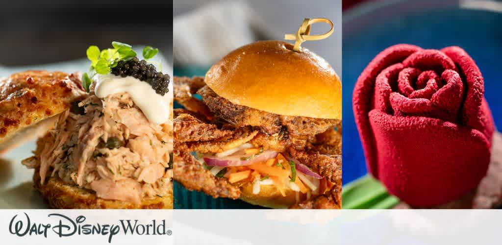 The image features a trio of culinary delights. On the left, a sandwich filled with shredded meat, garnished with greens and white sauce. The middle shows a slider with fried chicken, topped with coleslaw in a brioche bun. On the right, a vibrant red dessert shaped like a rose. The bottom features the Walt Disney World logo on a white background.