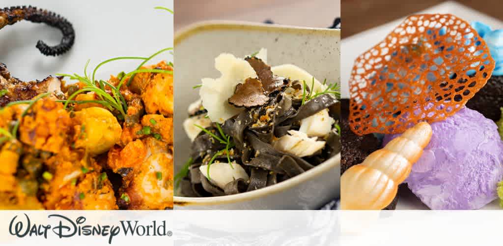 A collage of three gourmet dishes from Walt Disney World. The left dish features vibrant, orange-spiced seafood garnished with green herbs. The center dish presents a bowl of dark pasta topped with truffles and cream-colored cheese shavings. The right dish showcases a dessert with a purple scoop, an orange lattice accent, and decorative shell elements, offering a whimsical appearance.