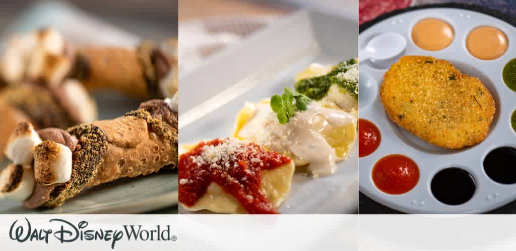 The image features three distinct dishes. On the left, there are cannoli with marshmallows. In the center, pasta with red and white sauce, topped with cheese and herbs. On the right, a crispy fried dish accompanied by colorful sauces. The Walt Disney World logo is displayed at the bottom.