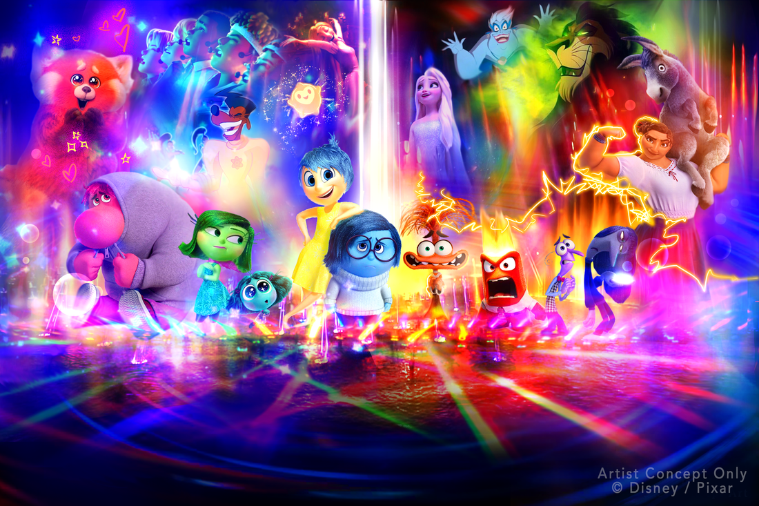 Colorful and vibrant image featuring animated characters from various beloved films. The scene is filled with a spectrum of lights and joyful expressions. Characters stand dynamically in the foreground, each showcasing distinct emotions and personalities, while a backdrop of magical and fantastical elements adds to the lively atmosphere. This imaginative scene is a celebration of creativity and emotion.
