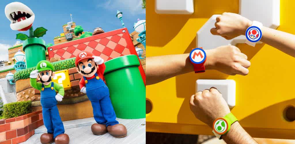 The image shows two sections. On the left, two characters in colorful costumes stand near large green pipes and a block, set in a vibrant park-like environment. On the right, three hands wearing wristbands with bright designs extend outward against a yellow background with white blocks. The setting appears lively and playful, suggesting a theme-based attraction or event.