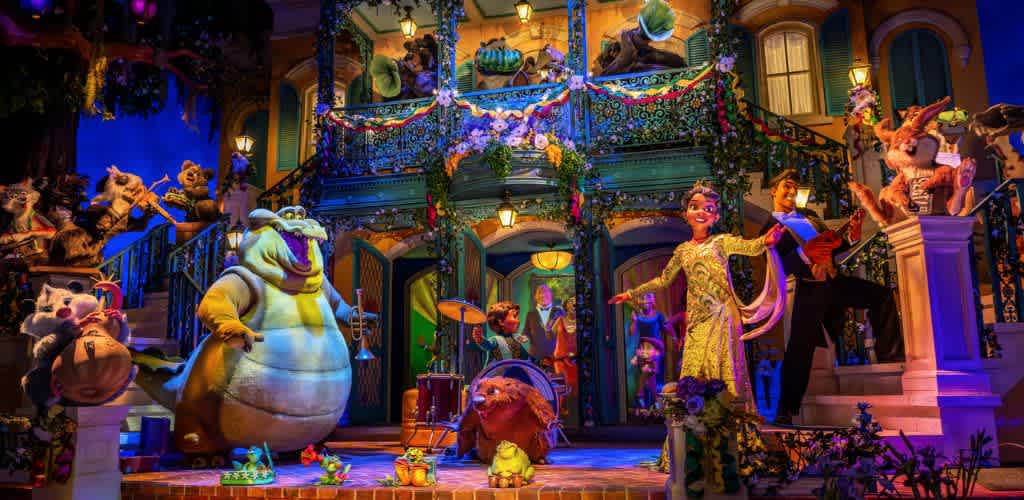 A vibrant scene depicting animated characters joyfully celebrating on a colorful balcony adorned with lights and greenery. A trumpet-playing alligator and other animal musicians fill the foreground while a woman in a sparkling gown dances with a man in a suit. The lively atmosphere reflects a festive gathering, with additional characters joining in the fun from the surrounding area. The setting is full of energy and excitement, capturing a whimsical music and dance event.