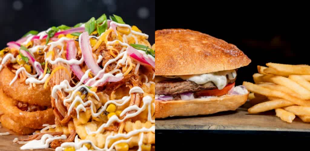 A split image showcases two mouth-watering dishes. On the left, crispy onion rings are topped with melted cheese, shredded meat, corn, sliced onions, and drizzled with a creamy sauce. On the right, a juicy burger with lettuce, tomato, and a savory patty is nestled in a crusty bun, paired with golden fries on the side. The background is dark, highlighting the vibrant colors of the food.