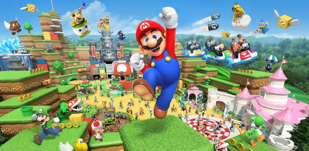 Colorful scene depicting a vibrant, animated theme park inspired by a popular video game. A character in red and blue jumps joyfully in the center. Roller coasters, characters, and playful elements fill the landscape, creating an exciting and energetic atmosphere. The park features castles, mountains, and multiple attractions set in lush greenery, bringing a whimsical world to life.