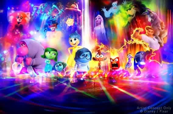 Colorful animated characters stand in a vibrant scene filled with swirling lights and energy. They display a variety of expressions and seem to interact dynamically with one another. The background is full of bright, neon colors and abstract shapes, creating a lively and whimsical atmosphere. Each character is distinct, contributing to the overall feeling of excitement and movement in the scene.