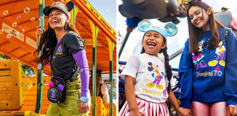 Two images side by side feature people enjoying a theme park. The left shows a person smiling broadly, wearing a Mickey Mouse cap and colorful attire, standing near a trolley with bubbles floating around. On the right, a young girl and woman, both wearing Disneyland 70th anniversary apparel, smile and hold hands while enjoying a ride. The atmosphere is joyful and lively, capturing the excitement of a theme park visit.