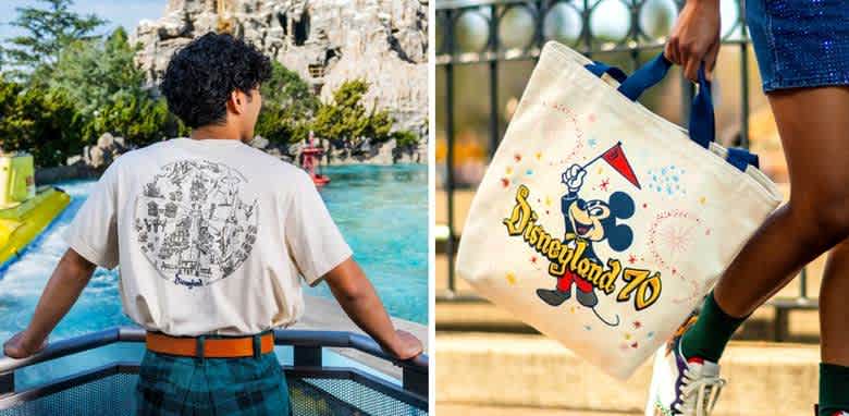 A person stands by a railing overlooking a body of water with trees and rocks in the background, wearing a T-shirt featuring a circular design. Another image shows a person holding a cream-colored tote bag with a cartoon mouse and the words  Disneyland 70  in vibrant colors. The focus is on the T-shirt and the tote bag, showcasing their playful designs.