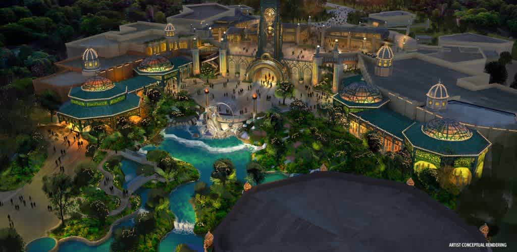 This artist's rendering depicts a vibrant theme park entrance illuminated at night. The scene features grand archways and towers, surrounded by lush greenery and flowing water features. Visitors stroll along winding paths, enjoying the lively atmosphere. Ornate pavilions with domed roofs frame the area, enhancing the enchanting ambiance of this nighttime setting.