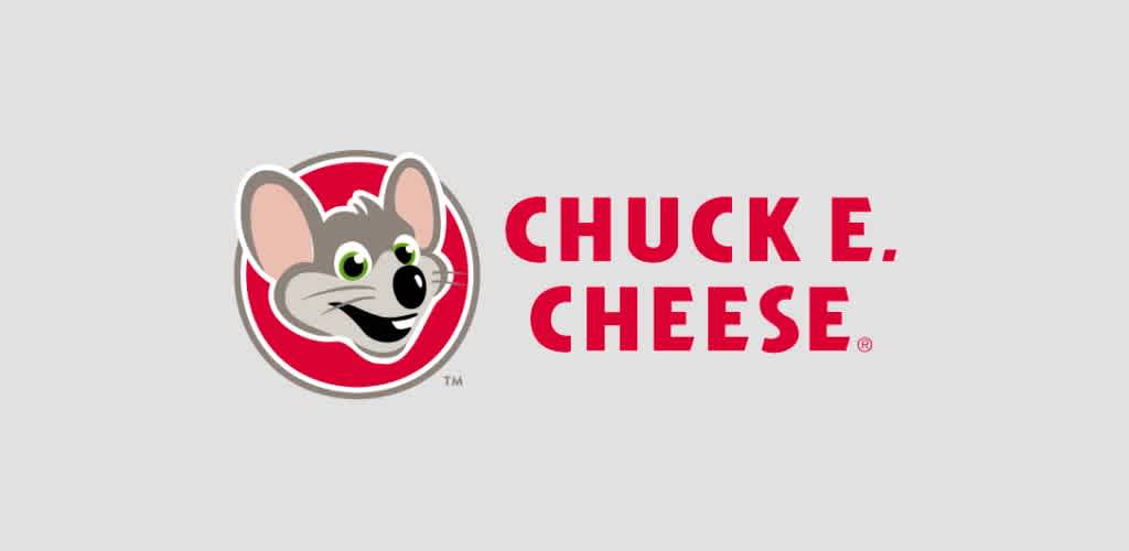Logo features a smiling cartoon mouse with large ears in a red circle on a gray background. Next to the mouse, bold red text reads Chuck E. Cheese. The design conveys a playful and welcoming vibe, perfect for a family-friendly entertainment venue.