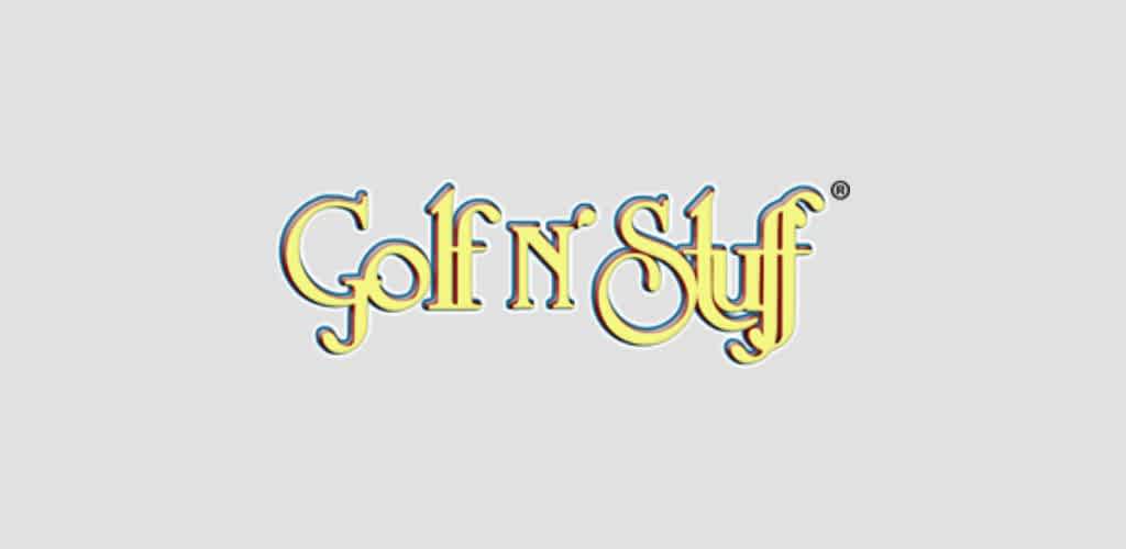 The image shows the logo of Golf N Stuff® featuring stylized lettering in a playful font. The text is yellow with a subtle blue outline, set against a light gray background. This logo represents a family entertainment center known for mini-golf, rides, and arcade games.
