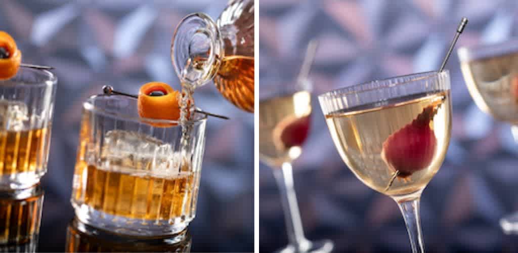 The image shows a split scene of two types of cocktails. On the left, an amber-colored drink is being poured into a glass with an ice sphere and an orange peel garnish. On the right, a clear drink in a stemmed glass is garnished with a red cherry on a skewer. The background is softly blurred, creating a sophisticated and elegant atmosphere, highlighting the drinks as the focal point.