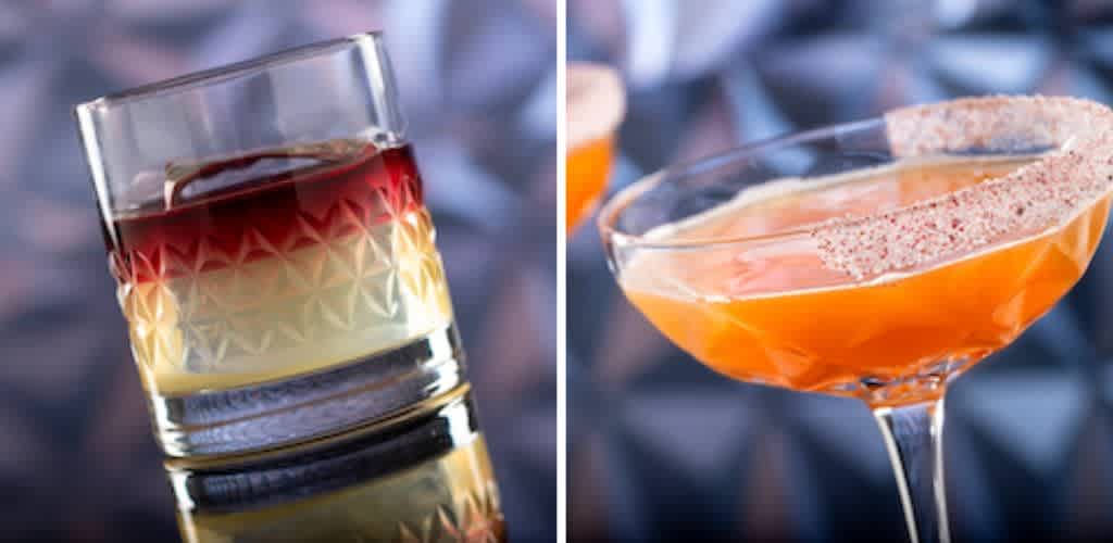 The image features two cocktails. On the left is a layered drink in a textured glass, with hues of dark red, orange, and yellow. On the right, a sleek coupe glass holds an orange cocktail with a sugary rim. The blurred background enhances the vibrant colors, creating a stylish and inviting atmosphere perfect for any celebration or event.