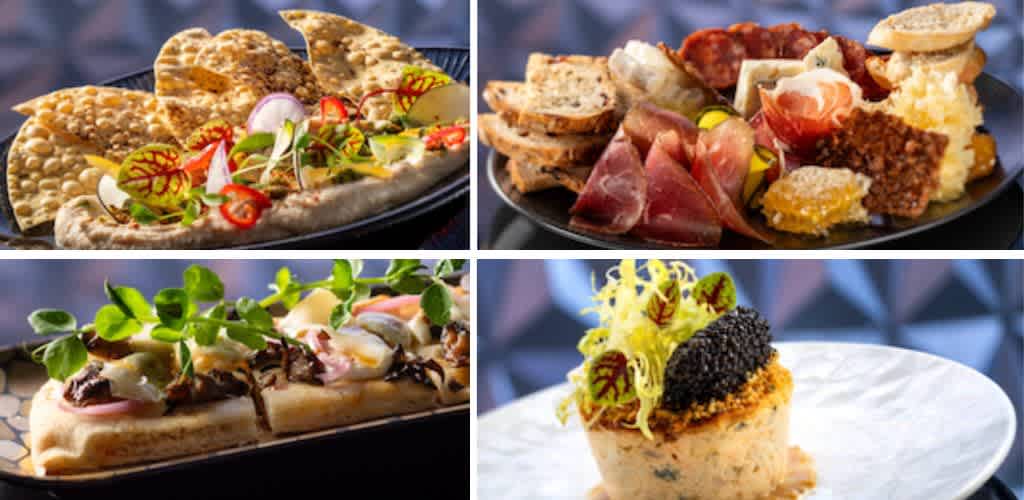 A selection of gourmet dishes on elegant plates. Top left: crispy flatbreads with colorful garnishes. Top right: an assorted charcuterie plate with sliced meats, cheeses, and breads. Bottom left: an open-faced sandwich topped with fresh greens and vegetables. Bottom right: a delicacy topped with caviar and decorative greens. The background features a subtle geometric pattern, enhancing the vibrant presentation of the food.