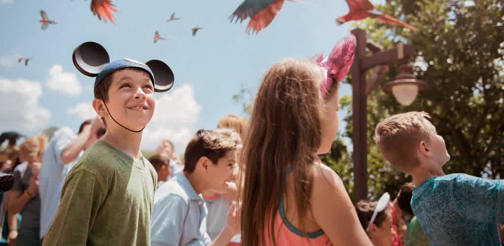 Kids enjoying a theme park parade look up in amazement as colorful parrots fly overhead. A smiling boy wears mouse ears while a girl beside him sports pink sequin ears. The sunny day and lush green trees add to the vibrant atmosphere. Families and children in the background share in the wonder and excitement of the experience.