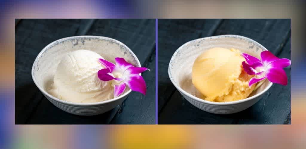 Two bowls of creamy dessert are placed side by side on a dark surface. The left bowl contains a scoop of vanilla ice cream, while the right has a scoop of mango sorbet. Each dessert is garnished with a vibrant purple orchid, adding a touch of elegance to the presentation. The contrasting colors and textures create an inviting and appetizing display.