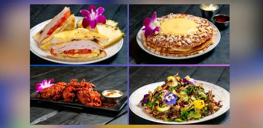 This image features a collage of four different dishes. The top left shows a sandwich with turkey, tomato, and omelet garnished with an orchid and pineapple slice. The top right displays a stack of pancakes topped with lemon sauce, nuts, and an orchid. The bottom left has spicy fried chicken wings with a dipping sauce and orchid. The bottom right contains a vibrant salad with various greens, topped with edible flowers. The dishes are set against a dark wooden table.