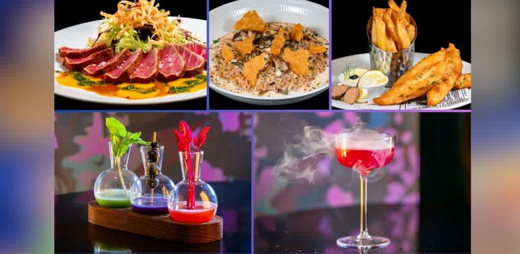 A collage of gourmet dishes and drinks. Top left: seared beef slices with greens. Top center: creamy risotto topped with crispy pieces. Top right: fish and chips with lemon and dipping sauces. Bottom left: colorful drinks in lab-style glassware with herbs. Bottom right: a smoky red cocktail in a coupe glass.