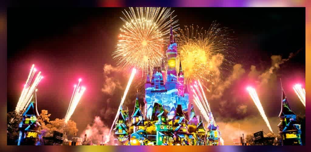 A brightly lit castle at night is illuminated by vibrant fireworks bursting in the sky. The castle features colorful projections and spires, creating a magical atmosphere. The fireworks explode in various colors, lighting up the background and enhancing the enchanting scene. The sky is filled with sparkling lights and smoke trails from the fireworks, adding to the festive ambiance.