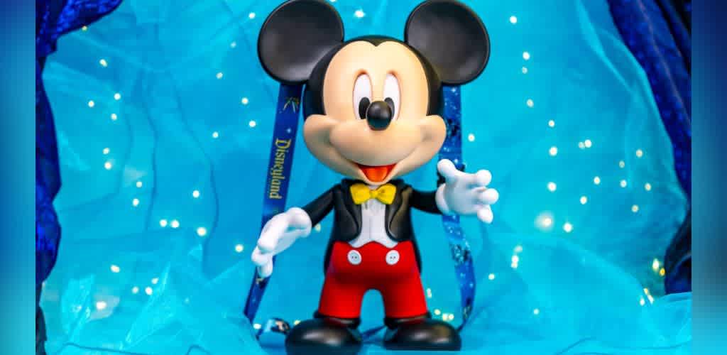 A cheerful cartoon mouse character stands against a vibrant blue backdrop. It wears red shorts, white gloves, a black jacket, and a yellow bow tie, exuding a playful and welcoming demeanor. The background features subtle sparkling lights, creating a magical atmosphere that complements the character's joyful appearance.