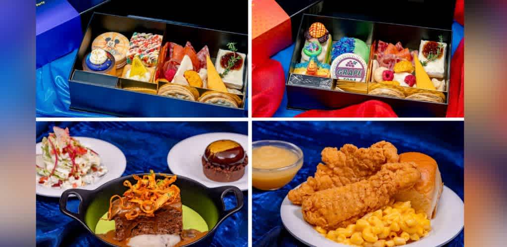 The image features a variety of colorful gourmet food items. At the top, two open boxes reveal an assortment of pastries and desserts decorated with fruits and vibrant toppings. Below are two plates, one with a salad, beef dish, and dessert, and the other with crispy fried chicken, mac and cheese, a bread roll, and sauce. The dishes are artfully arranged, creating an inviting and luxurious presentation on a deep blue fabric background.