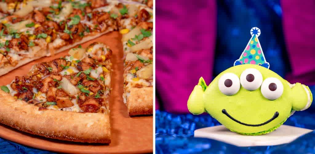 Left side of the image shows a close-up of a pizza with toppings like corn, pineapple, and chicken on a wooden platter. Right side features a green alien-shaped dessert with three eyes and a party hat, set against a vibrant background in pink and blue.