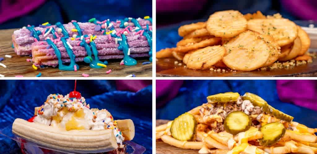 A colorful array of carnival treats: Top left, vibrant purple churros drizzled with bright blue sauce and sprinkles. Top right, crispy round potato slices with herbs on a wooden board. Bottom left, a banana split topped with whipped cream, sprinkles, and a cherry. Bottom right, loaded fries covered with cheese sauce, ground meat, and pickle slices. The background features a rich blue and pink fabric.