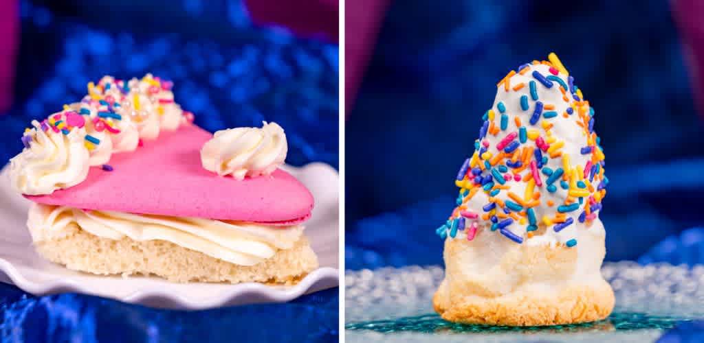 Left image: A heart-shaped pink macaron with white whipped cream and colorful sprinkles, resting on a round cookie with a wavy edge. Right image: A cone-shaped meringue dessert topped with white frosting and vibrant rainbow sprinkles on a textured glass surface. Both treats are set against a rich blue background, adding a playful and festive touch.