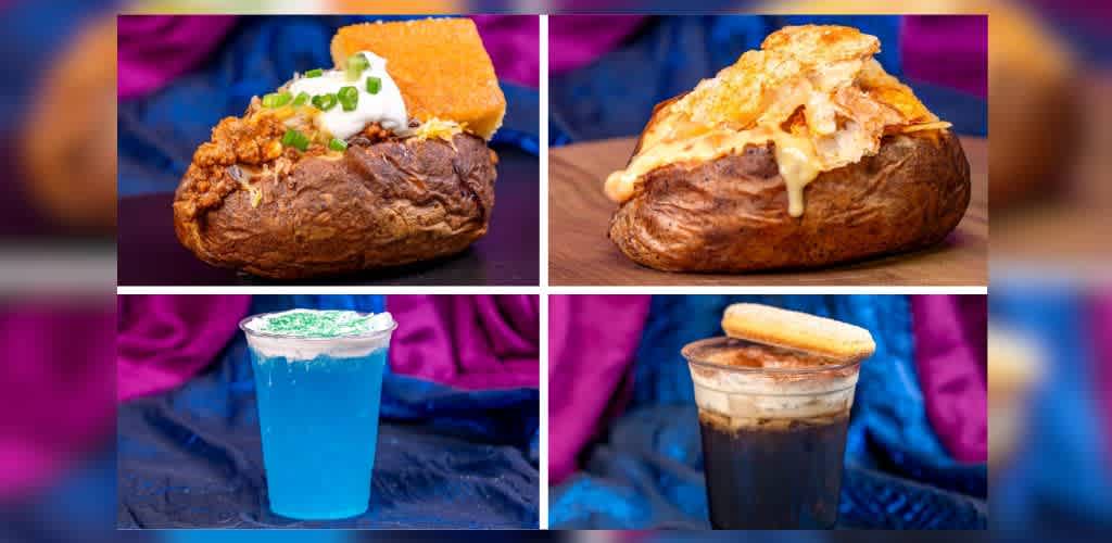 The image features a collage of gourmet treats. Top left: a loaded baked potato with chili, sour cream, chives, and cracker. Top right: a baked potato topped with cheese and onion chips. Bottom left: a vibrant blue drink with whipped topping and green sugar. Bottom right: an iced coffee with a creamy layer and a doughnut garnish. The background includes rich blue and purple fabrics, adding a touch of elegance to the display.