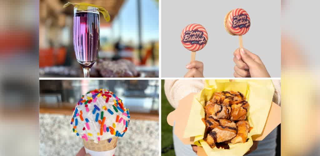 A vibrant image collage featuring four delightful treats. Top left: a glass of purple beverage garnished with a lemon twist. Top right: two hands holding decorative lollipops with Happy Birthday messages. Bottom left: a hand holding an ice cream cone with colorful sprinkles. Bottom right: a person offering a tray of pastries drizzled with chocolate. Each item is distinctively colorful and appetizing.