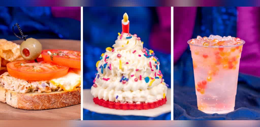 A vibrant image with three sections: a sandwich topped with tomato slices, melted cheese, and an olive skewer on the left; a whipped cream dessert shaped like a cupcake with colorful sprinkles and a candle in the center; a clear drink with colorful ice balls in a plastic cup on the right. The background features rich shades of blue and purple, enhancing the colorful presentation. Ideal for promoting fun and playful food experiences on Funex.com.