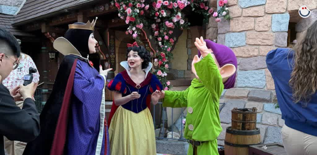 A group of people dressed as fairytale characters are gathered in a whimsical setting with stone walls and pink flowers. One person is dressed as a queen, another as a princess with a red bow, and a third in a green outfit with a purple hat. They appear to be engaged in a lively interaction. Others nearby are capturing the moment with cameras. The scene evokes a playful and enchanting atmosphere.