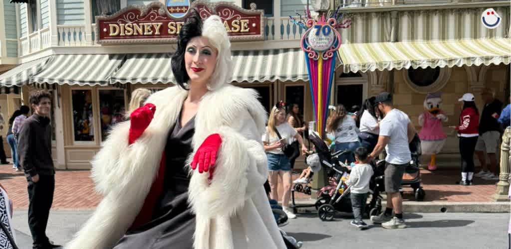 A person dressed as a classic villain with a black and white hairstyle, wearing a long white fur coat and red gloves, poses joyfully in front of a themed storefront. Families and children enjoy the sunny day, with strollers and colorful outfits adding to the lively atmosphere. A character in pink and a festive sign celebrating 70 years are visible in the background.